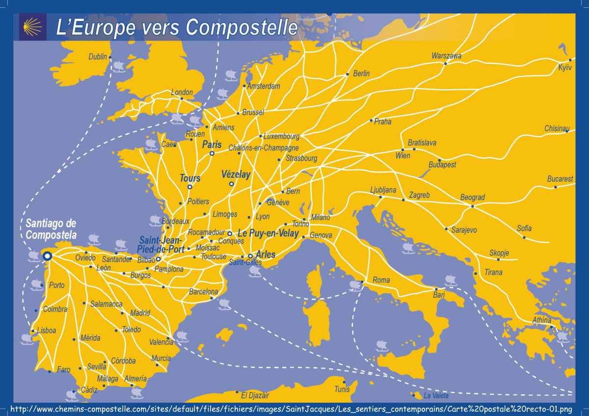 Cartes des chemins vers Compostelle en Europe